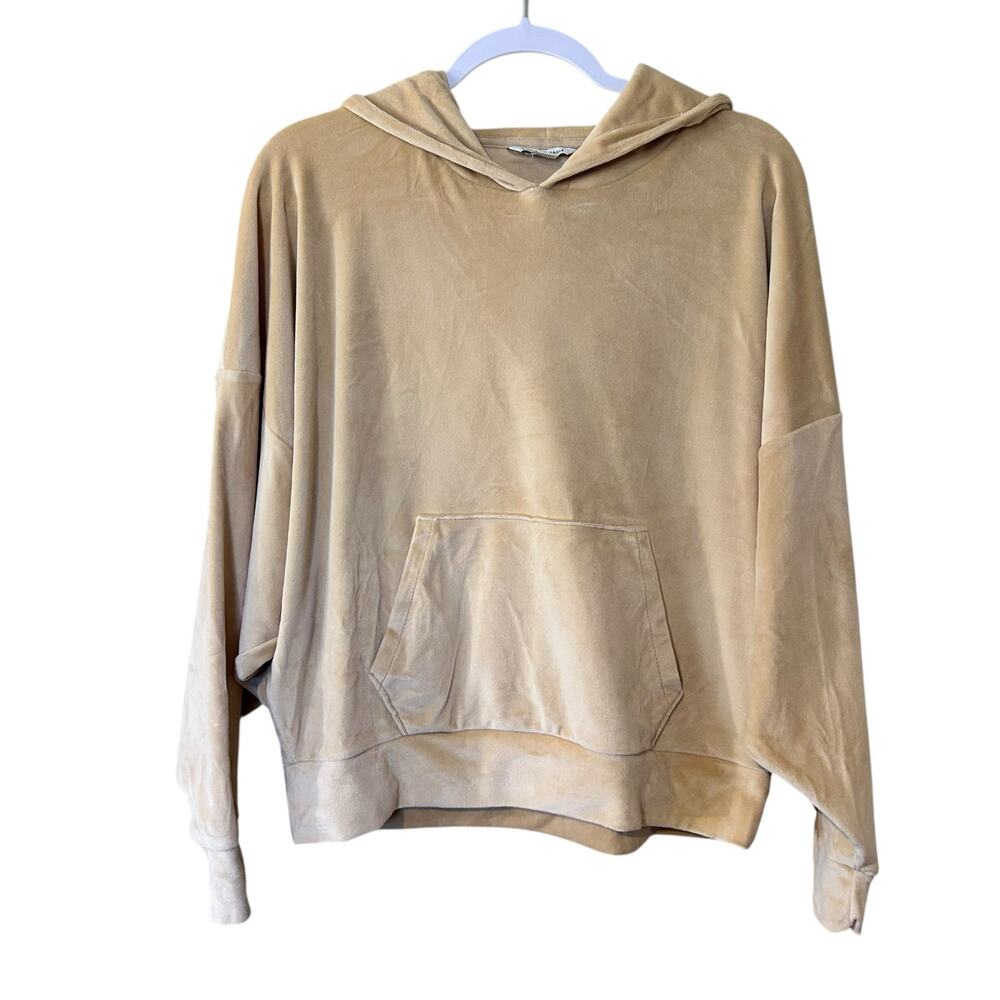 American Eagle Hoodie Velour Pale Yellow SZ Med Kangaroo Pocket Cropped Dolman